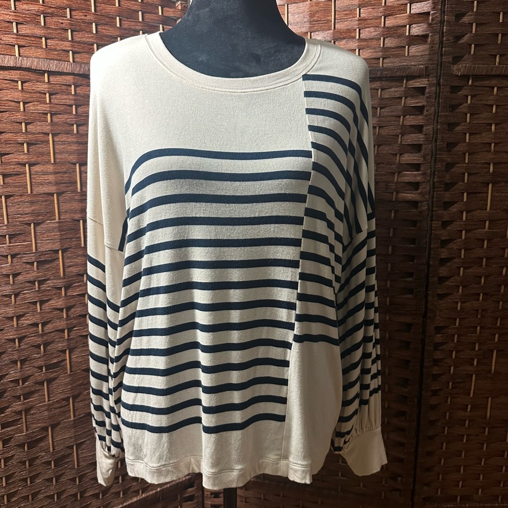 CAbi Cream and Navy Long Sleeve Top